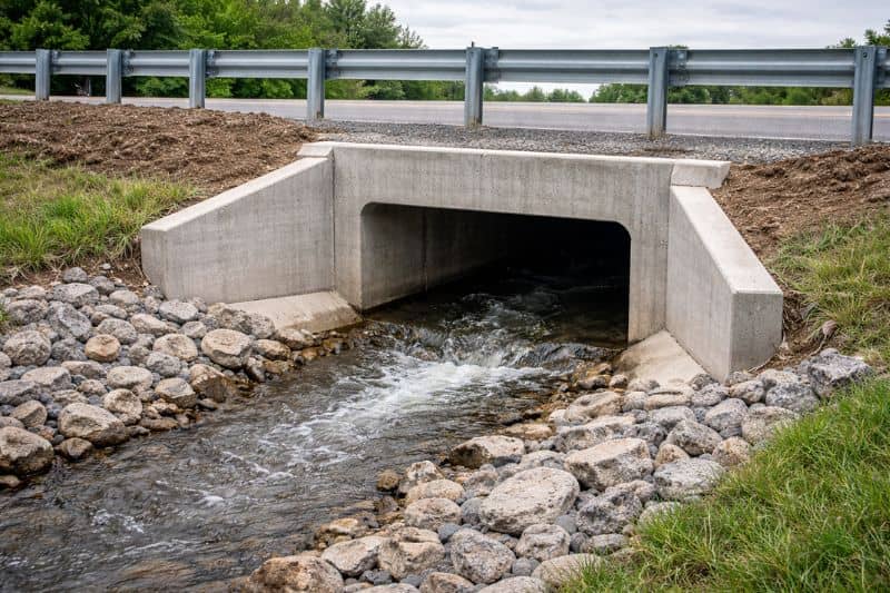 Concrete box culvert under roadway designed for stormwater flow and overtopping protection with riprap outlet