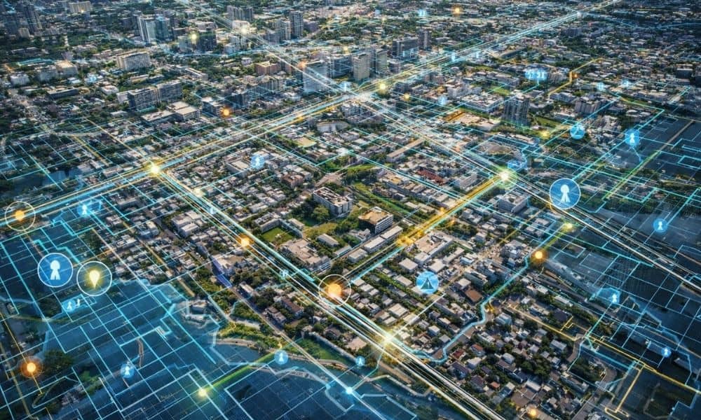 GIS mapping overlay showing roads utilities and infrastructure data layers across a city landscape in Greenville Texas
