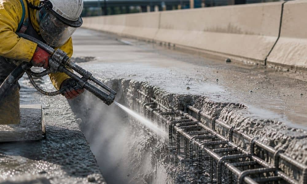 Hydrodemolition process removing damaged concrete with high pressure water exposing steel rebar for infrastructure repair