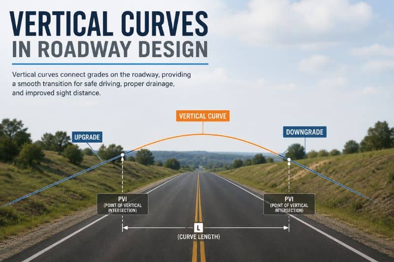 Diagram showing a vertical curve in roadway design with upgrade and downgrade sections connected by a smooth roadway transition