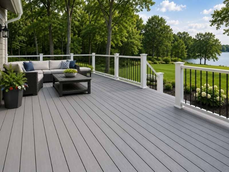 PVC decking installed on a modern outdoor deck with durable low-maintenance boards, contemporary railings, and comfortable backyard seating.